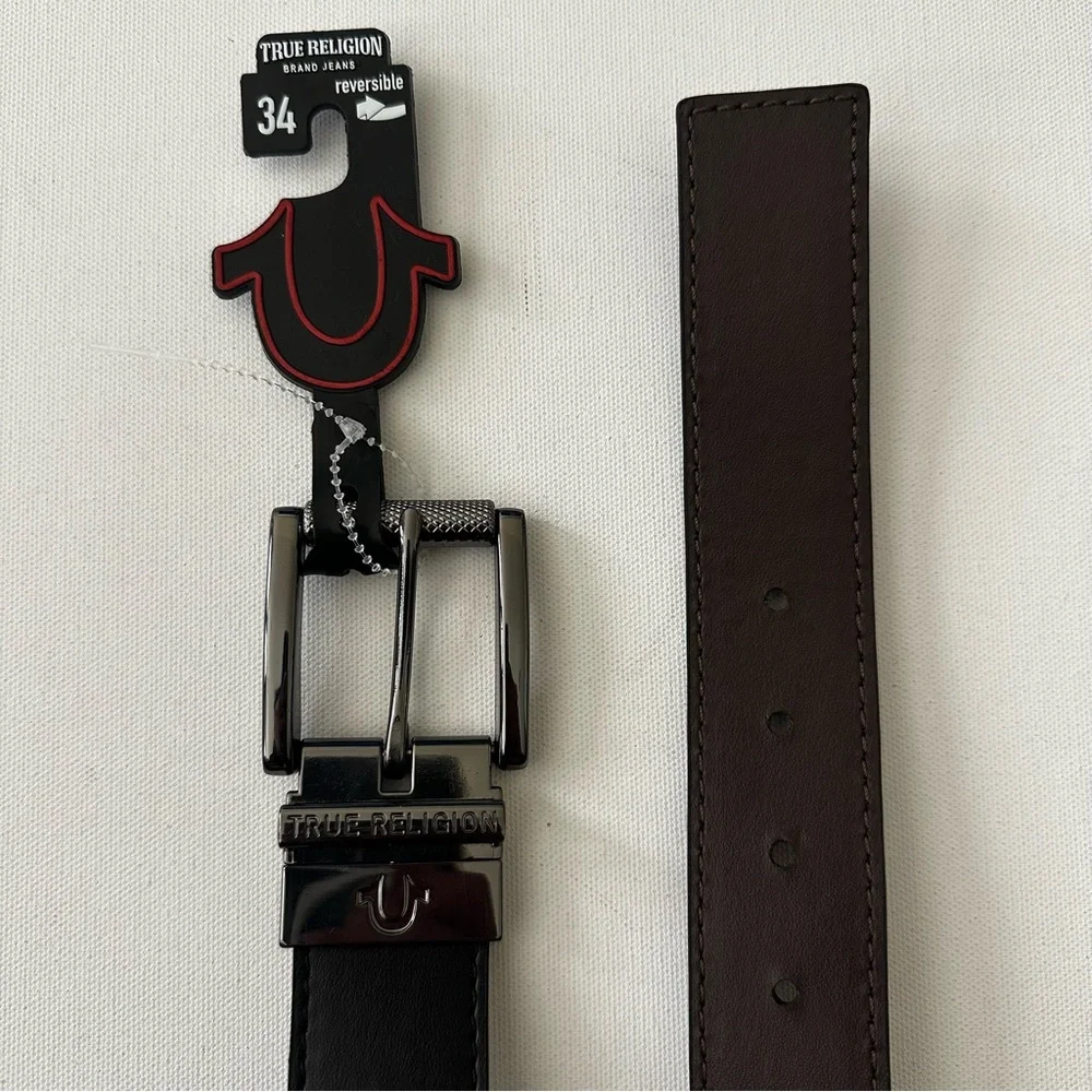 True Religion Black Men’s Reversible Belt with Polished Gunmetal Buckle Size 34